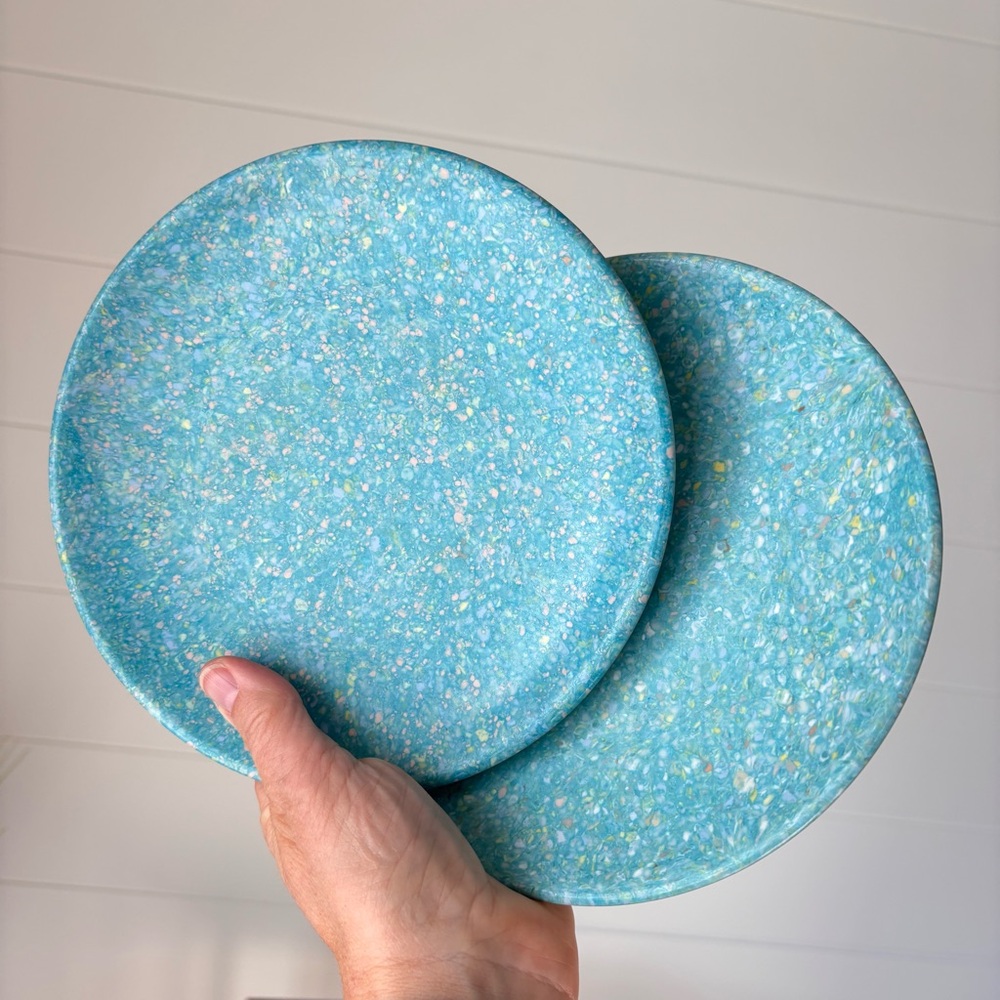 100% Melamine Light Blue Confetti Set of Two Plates 7.5" Round